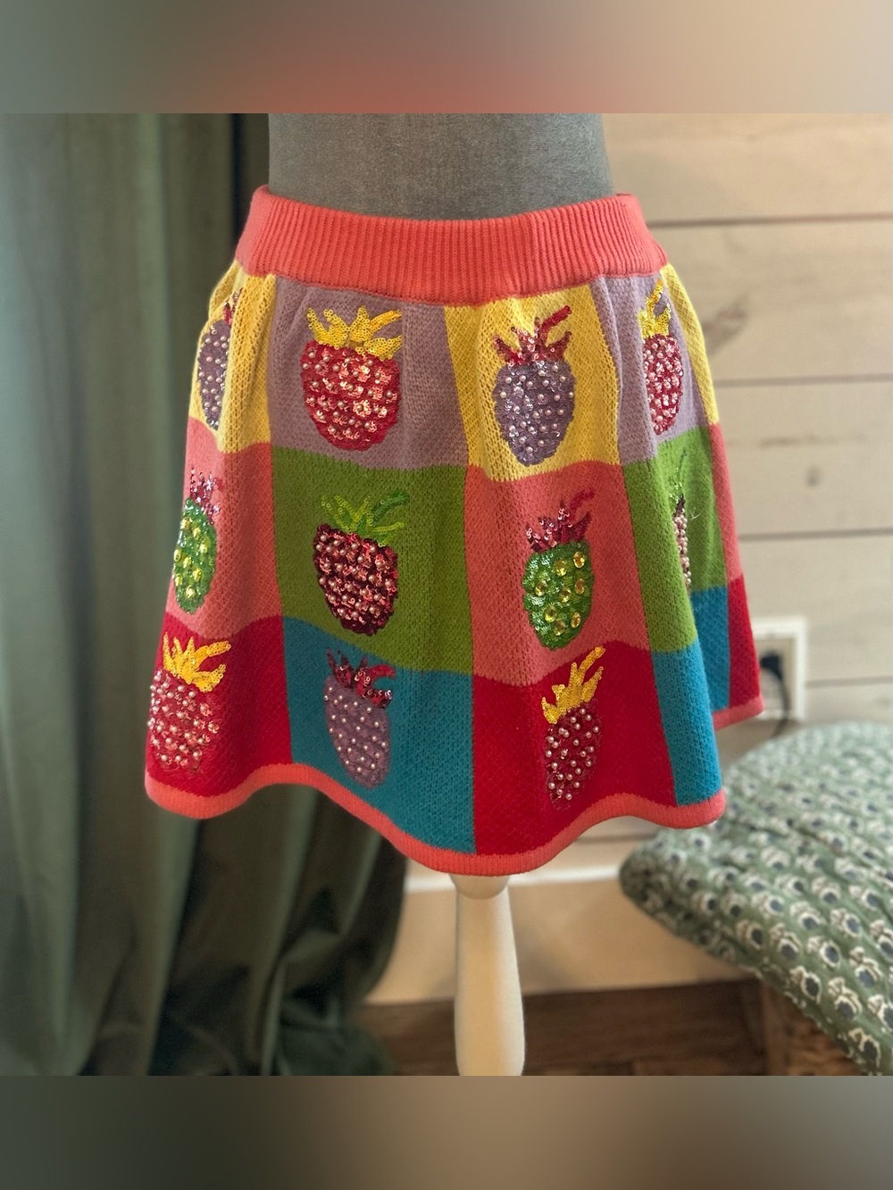 Excellent condition Queen Of Sparkles Colorblock Strawberry Knit Skirt